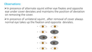 Observations:
In presence of alternate squint either eye fixates and opposite
eye under cover deviates and maintains the position of deviation
on removing the cover.
In presence of unilateral squint , after removal of cover always
normal eye takes up the fixation and opposite deviates.
 
