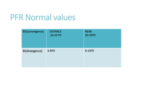 PFR Normal values
BO(convergence) DISTANCE
20-25 PD
NEAR
30-35PD
BI(divergence) 6-8PD 8-10PD
 