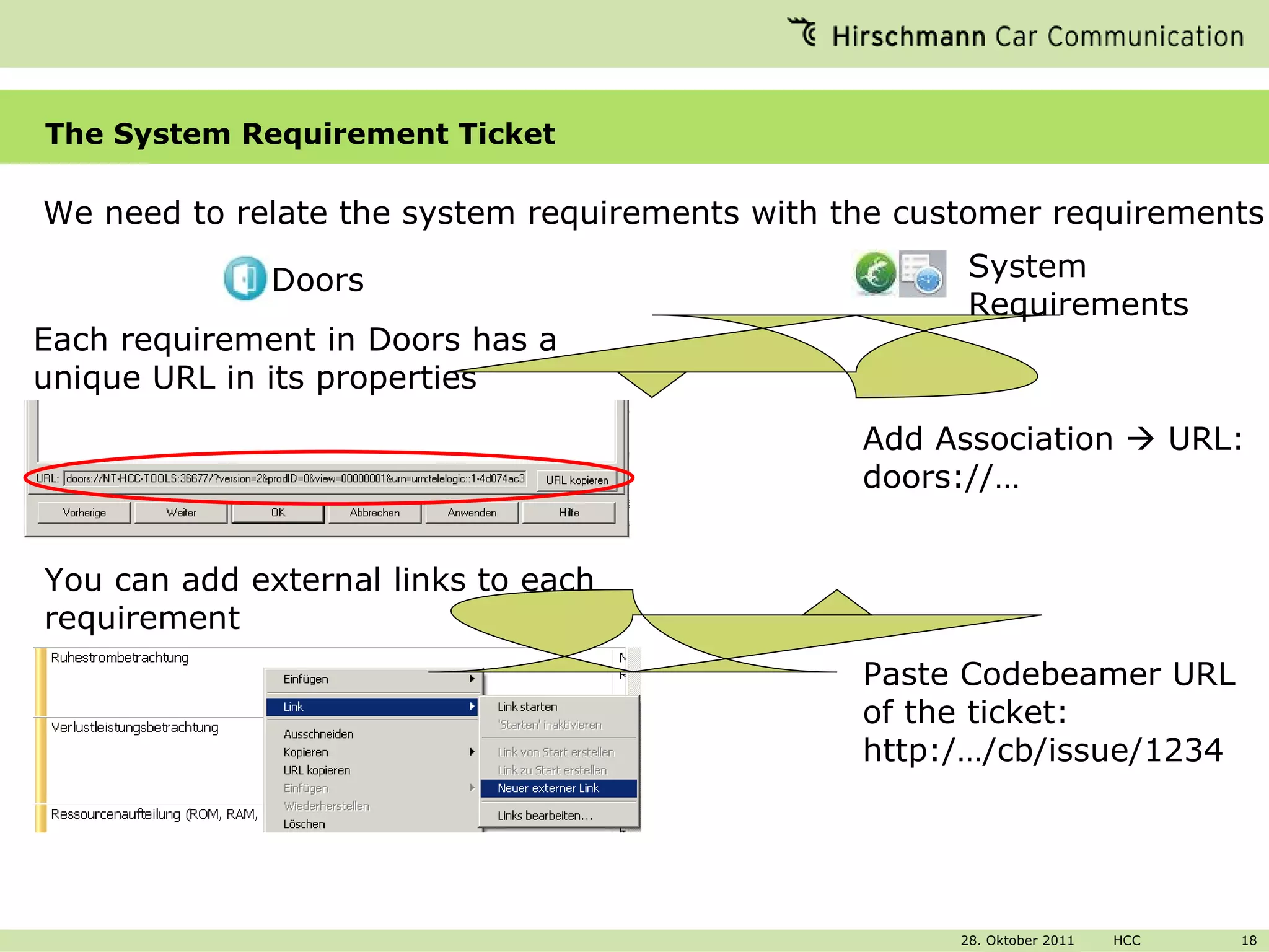 The System Requirement Ticket We need to relate the system requirements with the customer requirements Each requirement in Doors has a unique URL in its properties You can add external links to each requirement Add Association    URL: doors://… System Requirements Paste Codebeamer URL of the ticket: http:/…/cb/issue/1234 Doors 