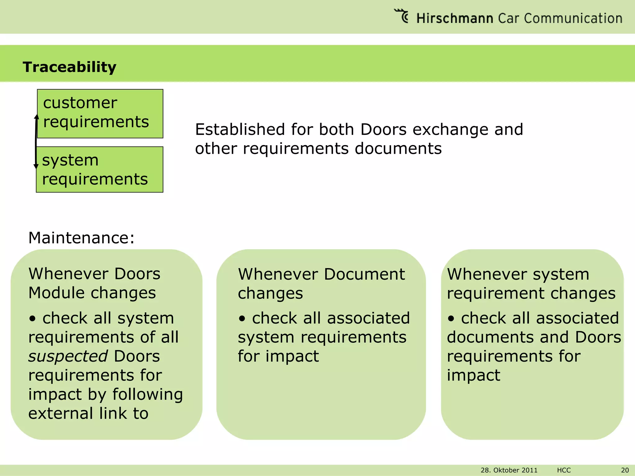 Traceability customer requirements system requirements Established for both Doors exchange and other requirements documents Maintenance: Whenever Doors Module changes check all system requirements of all  suspected  Doors requirements for impact by following external link to  Whenever Document changes check all associated system requirements for impact Whenever system requirement changes check all associated documents and Doors requirements for impact 