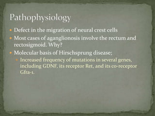  Defect in the migration of neural crest cells
 Most cases of aganglionosis involve the rectum and
rectosigmoid. Why?
 Molecular basis of Hirschsprung disease;
 Increased frequency of mutations in several genes,
including GDNF, its receptor Ret, and its co-receptor
Gfra-1.
 