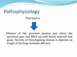 Pathophysiology
That lead to
Dilation of the proximal portion just above the
narrowed part and filled up with faecal material and
gases. Severity of Hirschsprung disease is depends on
length of the large intestine affected.
 