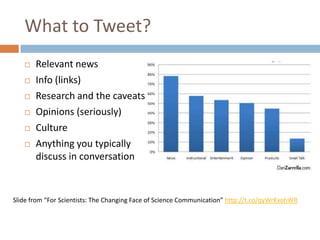 What to Tweet?
 Relevant news
 Info (links)
 Research and the caveats
 Opinions (seriously)
 Culture
 Anything you typically
discuss in conversation
Slide from “For Scientists: The Changing Face of Science Communication” http://t.co/qyWrKxohWR
 
