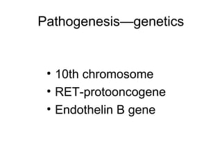 Pathogenesis—genetics


 • 10th chromosome
 • RET-protooncogene
 • Endothelin B gene
 