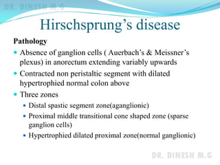 Hirschsprung’s disease
Pathology
 Absence of ganglion cells ( Auerbach’s & Meissner’s
plexus) in anorectum extending variably upwards
 Contracted non peristaltic segment with dilated
hypertrophied normal colon above
 Three zones
 Distal spastic segment zone(aganglionic)
 Proximal middle transitional cone shaped zone (sparse
ganglion cells)
 Hypertrophied dilated proximal zone(normal ganglionic)
 