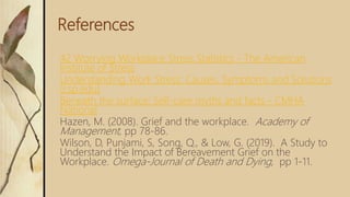 References
42 Worrying Workplace Stress Statistics - The American
Institute of Stress
Understanding Work Stress: Causes, Symptoms and Solutions
(csp.edu)
Beneath the surface: Self-care myths and facts - CMHA
National
Hazen, M. (2008). Grief and the workplace. Academy of
Management, pp 78-86.
Wilson, D, Punjami, S, Song, Q., & Low, G. (2019). A Study to
Understand the Impact of Bereavement Grief on the
Workplace. Omega-Journal of Death and Dying, pp 1-11.
 