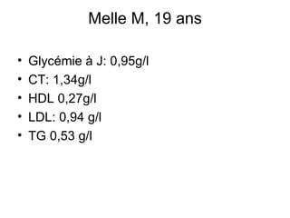 Melle M, 19 ans Glycémie à J: 0,95g/l CT: 1,34g/l HDL 0,27g/l LDL: 0,94 g/l TG 0,53 g/l 