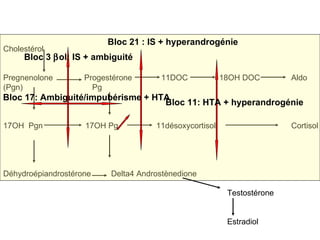 Cholestérol Pregnenolone  Progestérone  11DOC  18OH DOC  Aldo (Pgn)  Pg 17OH  Pgn  17OH Pg  11désoxycortisol  Cortisol Déhydroépiandrostérone  Delta4 Androstènedione Testostérone Estradiol Bloc 21 : IS + hyperandrogénie Bloc 11: HTA + hyperandrogénie Bloc 17: Ambiguité/impubérisme + HTA Bloc 3   ol: IS + ambiguité 