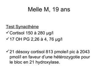 Melle M, 19 ans Test Synacthène Cortisol 150 à 280 µg/l 17 OH PG 2,26 à 4, 76 µg/l 21 désoxy cortisol 813 pmole/l pic à 2043 pmol/l en faveur d’une hétérozygotie pour le bloc en 21 hydroxylase. 