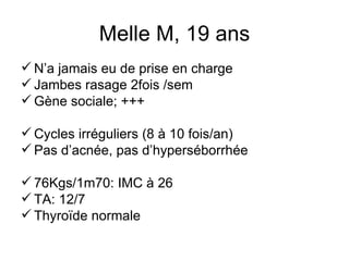 Melle M, 19 ans N’a jamais eu de prise en charge Jambes rasage 2fois /sem Gène sociale; +++ Cycles irréguliers (8 à 10 fois/an) Pas d’acnée, pas d’hyperséborrhée 76Kgs/1m70: IMC à 26 TA: 12/7 Thyroïde normale 
