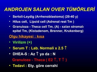 ANDROJEN SALAN OVER TÜMÖRLERİ
• Sertoli-Leydig (Arrhenoblastoma) (20-40 y)
• Hilus cell, Lipoid cell (Adrenal rest Tm )
• Granuloza - Theca cell Tm, (A) - salan stromalı
epitel Tm, (Kistadenom, Brenner, Krukenberg)

Olgu hikayesi : kısa
• Virilizm (+)
• Serum T : Lab. Normali x 2.5 ↑
• DHEA-S : Az ↑ ya da : N
Granuloza - Theca ( E2 ↑, T ↑ )
• Tedavi : Ety. göre cerrahi

 