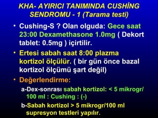 KHA- AYIRICI TANIMINDA CUSHİNG
SENDROMU - 1 (Tarama testi)
• Cushing-S ? Olan olguda: Gece saat
23:00 Dexamethasone 1.0mg ( Dekort
tablet: 0.5mg ) içirtilir.
• Ertesi sabah saat 8:00 plazma
kortizol ölçülür. ( bir gün önce bazal
kortizol ölçümü şart değil)
• Değerlendirme:
a-Dex-sonrası sabah kortizol: < 5 mikrogr/
100 ml : Cushing : (-)
b-Sabah kortizol > 5 mikrogr/100 ml
supresyon testleri yapılır.

 