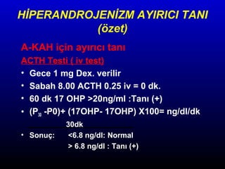 HİPERANDROJENİZM AYIRICI TANI
(özet)
A-KAH için ayırıcı tanı
ACTH Testi ( iv test)
• Gece 1 mg Dex. verilir
• Sabah 8.00 ACTH 0.25 iv = 0 dk.
• 60 dk 17 OHP >20ng/ml :Tanı (+)
• (P30 -P0)+ (17OHP- 17OHP) X100= ng/dl/dk
• Sonuç:

30dk
<6.8 ng/dl: Normal
> 6.8 ng/dl : Tanı (+)

 