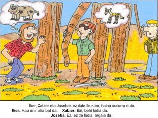 Iker, Xabier eta Josebak ez dute ikusten, baina sudurra dute.
Iker: Hau animalia bat da. Xabier: Bai, behi lodia da.
Joseba: Ez, ez da lodia, argala da.

 