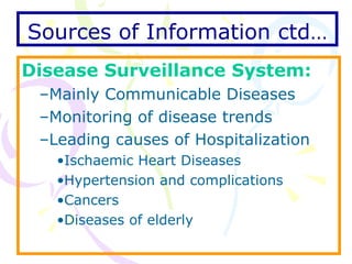 Sources of Information ctd… Disease Surveillance System: Mainly Communicable Diseases Monitoring of disease trends  Leading causes of Hospitalization Ischaemic Heart Diseases Hypertension and complications Cancers Diseases of elderly 