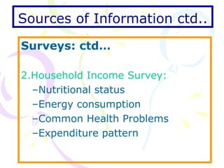 Sources of Information ctd.. Surveys: ctd… 2.Household Income Survey: Nutritional status  Energy consumption Common Health Problems Expenditure pattern 