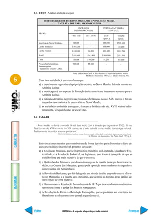 13. UFRN Analise a tabela a seguir.

                        DESEMBARQUES DE ESCRAVOS AFRICANOS E POPULAÇÃO NEGRA
                                 E MULATA, POR ÀREA, NO NOVO MUNDO

                                                          ESCRAVOS                          POPULAÇÃO NEGRA
                                                       DESEMBARCADOS                            E MULATA
               ÁREAS
                                                   1701-1810          1811-1870              1770             1830/50
                                                                                           (aprox.)           (aprox.)
               América do Norte Britânica            348.000                -              489.800           2.328.600
               Caribe Britânico                     1.401.300               -              434.000            735.000
               Caribe Francês                       1.348.400           96.000             401.400           1.112.700
               Brasil                               2.891.400          1.145.400          1.988.000          2.515.500
               Cuba                                  131.800            570.200             75.200            603.000
               Possessões holandesas,                930.800            35.800                 -                  -
               dinamarquesas
               e espanholas (exceto Cuba)

                                                     Fonte: CARDOSO, Ciro F. A Afro-América: a escravidão no Novo Mundo.
                                                                   São Paulo: Brasiliense, 1985. p. 23. (Tudo é História, 44)

5               Com base na tabela, é correto afirmar que:
                a) o crescimento vegetativo da população escrava, no Novo Mundo, foi mais intenso na
                   América Latina;
                b) a mestiçagem é um aspecto da formação étnica americana importante somente para a
                   América Latina;
                c) a extinção do tráfico negreiro nas possessões britânicas, no séc. XIX, marcou o fim da
                   importância econômica da escravidão no Novo Mundo;
                d) as sociedades coloniais portuguesa, francesa e britânica do séc. XVIII podem indis-
                   tintamente, ser qualificadas de escravistas.

           14. Cefet-RJ


              “A escravidão na terra chamada ‘Brasil’ teve início com a invasão portuguesa em 1500. Só no
           final do século XVIII e início do XIX começa-se a não admitir a escravidão como algo natural.
           Praticamente trezentos anos se passaram.”
                                    MONTENEGRO, Antônio Tomas. Reinventando a liberdade: a abolição da escravatura no Brasil.
GABARITO




                                                                    In: História em documentos. São Paulo: Atual. 1989, p. 6.



                Entre os acontecimentos que contribuíram de forma decisiva para disseminar a idéia de
                que a escravidão é inaceitável, podemos destacar:
                a) a Revolução Francesa, que se inspirou nos princípios da Liberdade, Igualdade e Fra-
                   ternidade, e a Revolução Industrial, na Inglaterra, que levou à percepção de que o
                   trabalho livre era mais lucrativo do que o escravo;
                b) o Quilombo dos Palmares, que demonstrou o grau de revolta do negro frente à escra-
                   vidão, e a Guerra dos Mascates, gerada pela oposição entre senhores de engenho e
                   comerciantes em Pernambuco;
                c) A Revolta de Beckman, que foi deflagrada em virtude do alto preço do escravo africa-
                   no no Maranhão, e a Guerra dos Emboabas, que acirrou as disputas pelas jazidas de
IMPRIMIR




                   ouro e mão-de-obra escrava;
                d) o Humanismo e a Revolução Pernambucana de 1817 que desencadearam movimentos
                   revoltosos contra o poder dos brancos portugueses;
                c) A Revolução do Porto e a Revolução Farroupilha, que se pautaram em princípios do
                   liberalismo e colocaram como central a questão racial.




           Voltar                       HISTÓRIA - A segunda etapa do período colonial                                      Avançar
 