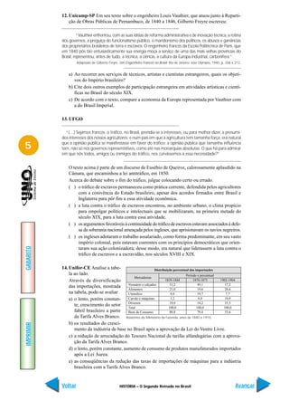12. Unicamp-SP Em seu texto sobre o engenheiro Louis Vauthier, que atuou junto à Reparti-
               ção de Obras Públicas de Pernambuco, de 1840 a 1846, Gilberto Freyre escreveu:

                     “Vauthier enfrentou, com as suas idéias de reforma administrativa e de inovação técnica, a rotina
           dos governos, a preguiça do funcionalismo público, o mandonismo dos políticos, os abusos e ganâncias
           dos proprietários brasileiros de terra e escravos. O engenheiro francês da Escola Politécnica de Paris, que
           em 1840 pôs tão entusiasticamente sua energia moça a serviço de uma das mais velhas províncias do
           Brasil, representou, antes de tudo, a técnica, a ciência, a cultura da Europa industrial, carbonífera.”
                    Adaptado de Gilberto Freyre. Um Engenheiro Francês no Brasil. Rio de Janeiro: José Olympio, 1940, p. 206 e 212.


               a) Ao recorrer aos serviços de técnicos, artistas e cientistas estrangeiros, quais os objeti-
                  vos do Império brasileiro?
               b) Cite dois outros exemplos de participação estrangeira em atividades artísticas e cientí-
                  ficas no Brasil do século XIX.
               c) De acordo com o texto, compare a economia da Europa representada por Vauthier com
                  a do Brasil Imperial.

           13. UFGO

             “(…) Sejamos francos: o tráfico, no Brasil, prendia-se a interesses, ou para melhor dizer, a presumi-
           dos interesses dos nossos agricultores; e num país em que a agricultura tem tamanha força, era natural

5          que a opinião pública se manifestasse em favor do tráfico: a opinião pública que tamanha influência
           tem, não só nos governos representativos, como até nas monarquias absolutas. O que há para admirar
           em que nós todos, amigos ou inimigos do tráfico, nos curvássemos a essa necessidade?”


               O texto acima é parte de um discurso de Eusébio de Queiroz, calorosamente aplaudido na
               Câmara, que encaminhou a lei antitráfico, em 1850.
               Acerca do debate sobre o fim do tráfico, julgue colocando certo ou errado.
               ( ) o tráfico de escravos permaneceu como prática corrente, defendida pelos agricultores
                    com a conivência do Estado brasileiro, apesar dos acordos firmados entre Brasil e
                    Inglaterra para pôr fim a essa atividade econômica.
               ( ) a luta contra o tráfico de escravos encontrou, no ambiente urbano, o clima propício
                    para empolgar políticos e intelectuais que se mobilizaram, na primeira metade do
                    século XIX, para a luta contra essa atividade.
               ( ) os argumentos favoráveis à continuidade do tráfico de escravos estavam associados à defe-
                    sa da soberania nacional ameaçada pelos ingleses, que aprisionavam os navios negreiros.
               ( ) os ingleses adotaram o trabalho assalariado, como forma predominante, em seu vasto
                    império colonial, pois estavam coerentes com os princípios democráticos que orien-
GABARITO




                    taram sua ação colonizadora; desse modo, era natural que liderassem a luta contra o
                    tráfico de escravos e a escravidão, nos séculos XVIII e XIX.

           14. Unifor-CE Analise a tabe-                         Distribuição percentual das importações
               la ao lado.                                                            Período e percentual
                                                  Mercadorias
               Através da diversificação                                1839-1844          1870-1875       1902-1904
                                              Vestuário e calçados          53,2               49,1           17,3
               das importações, mostrada
                                              Alimentos                     21,0               19,6           28,6
               na tabela, pode-se avaliar     Utensílios                    6,6                10,7           7,7
               a) o lento, porém constan-     Carvão e máquinas             1,2                6,4            10,9
                                              Diversos                      18,0               14,2           35,3
                  te, crescimento do setor                                 100,0              100,0          100,0
                                              Total
                  fabril brasileiro a partir  Bens de Consumo               80,8               79,4           53,6
                  da Tarifa Alves Branco. Relatórios do Ministério da Fazenda, anos de 1840 a 1910.
               b) os resultados do cresci-
IMPRIMIR




                  mento da indústria de base no Brasil após a aprovação da Lei do Ventre Livre.
               c) a redução de arrecadação do Tesouro Nacional de tarifas alfandegárias com a aprova-
                  ção da Tarifa Alves Branco.
               d) o lento, porém constante, aumento de consumo de produtos manufaturados importados
                  após a Lei Áurea.
               e) as conseqüências da redução das taxas de importações de máquinas para a indústria
                  brasileira com a Tarifa Alves Branco.


           Voltar                                HISTÓRIA – O Segundo Reinado no Brasil                                        Avançar
 