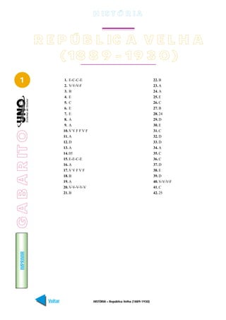 H IS T Ó R I A



                 R E P Ú B L IC A V E L H A
                     (18 8 9 - 19 3 0 )
   1                        1. E-C-C-E                                                 22. B
                            2. V-V-V-F                                                 23. A
                            3. B                                                       24. A
                            4. E                                                       25. E
                            5. C                                                       26. C
                            6. E                                                       27. B
                            7. E                                                       28. 24
                            8. A                                                       29. D
                            9. A                                                       30. E
                            10. V V F F V F                                            31. C
G A B A R IT O




                            11. A                                                      32. D
                            12. D                                                      33. D
                            13. A                                                      34. A
                            14. 05                                                     35. C
                            15. E-E-C-E                                                36. C
                            16. A                                                      37. D
                            17. V V F V F                                              38. E
                            18. B                                                      39. D
                            19. A                                                      40. V-V-V-F
                            20. V-V-V-V-V                                              41. C
                            21. B                                                      42. 25
    IMPRIMIR




                   Voltar                     HISTÓRIA – República Velha (1889-1930)                 Avançar
 
