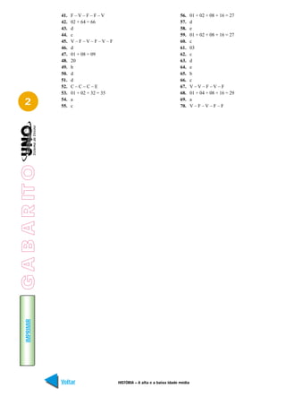 41.   F–V–F–F–V                                             56.     01 + 02 + 08 + 16 = 27
                 42.   02 + 64 = 66                                          57.     d
                 43.   d                                                     58.     e
                 44.   c                                                     59.     01 + 02 + 08 + 16 = 27
                 45.   V–F–V–F–V–F                                           60.     c
                 46.   d                                                     61.     03
                 47.   01 + 08 = 09                                          62.     c
                 48.   20                                                    63.     d
                 49.   b                                                     64.     e
                 50.   d                                                     65.     b
                 51.   d                                                     66.     c
                 52.   C–C–C–E                                               67.     V –V – F –V – F
                 53.   01 + 02 + 32 = 35                                     68.     01 + 04 + 08 + 16 = 29

   2             54.
                 55.
                       a
                       c
                                                                             69.
                                                                             70.
                                                                                     a
                                                                                     V–F–V–F–F
G A B A R IT O
    IMPRIMIR




                 Voltar                    HISTÓRIA – A alta e a baixa idade média                        Avançar
 