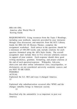 HIS-144 ONL
America after World War II
Scoring Guide
REQUIREMENTS: Using resources from the Topic 5 Readings,
including your textbook, materials provided by your instructor
through class discussion, and materials from the GCU Library
Guide for HIS-144 US History Themes, complete the
assignment worksheet. Each answer to the questions should be
a minimum of 100-200 words; and, include citations for each
question formatted using the APA Style Guide. The overall
assignment must include three to five relevant scholarly sources
in support of your content. Each response should show good
writing mechanics, grammar, formatting, and proper citations at
the end of each question/response. Wikipedia, Ask.com,
ehow.com and other online information sites, encyclopedias, or
dictionaries are not considered university academic sources and
are NOT TO BE USED.
POSSIBLE
ACTUAL
Explained the G.I. Bill and ways it changed America.
15
Explained why suburbanization occurred after WWII and the
changes suburbia brings to American society.
15
Described why the automobile is so important to post war
America.
 