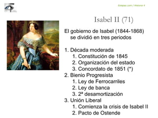 El gobierno de Isabel (1844-1868)
se dividió en tres periodos
1. Década moderada
1. Constitución de 1845
2. Organización del estado
3. Concordato de 1851 (*)
2. Bienio Progresista
1. Ley de Ferrocarriles
2. Ley de banca
3. 2ª desamortización
3. Unión Liberal
1. Comienza la crisis de Isabel II
2. Pacto de Ostende
Isabel II (71)
Eolapaz.com / Historia 4
 