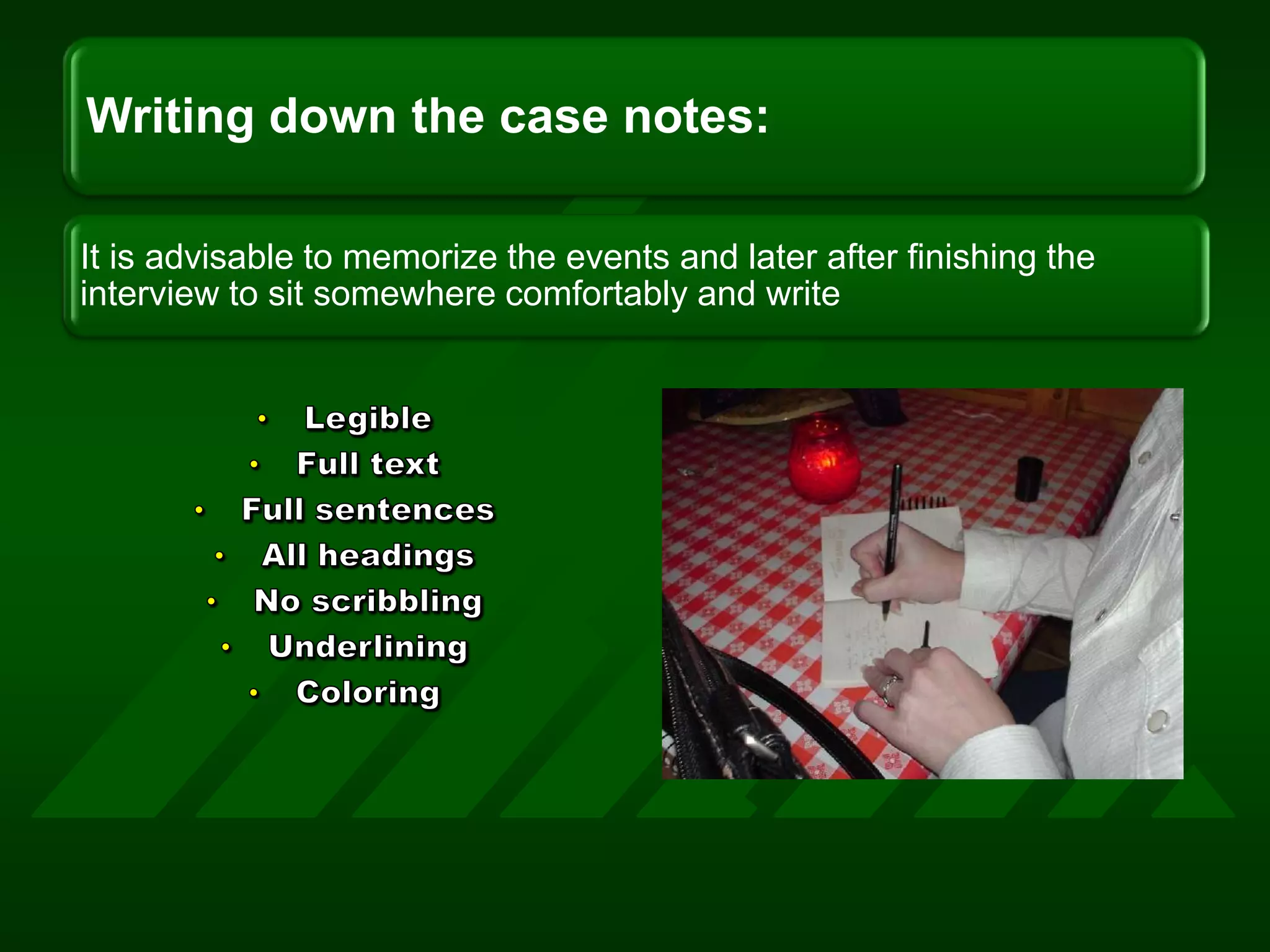 LegibleFull text Full sentencesAll headingsNo scribblingUnderliningColoring