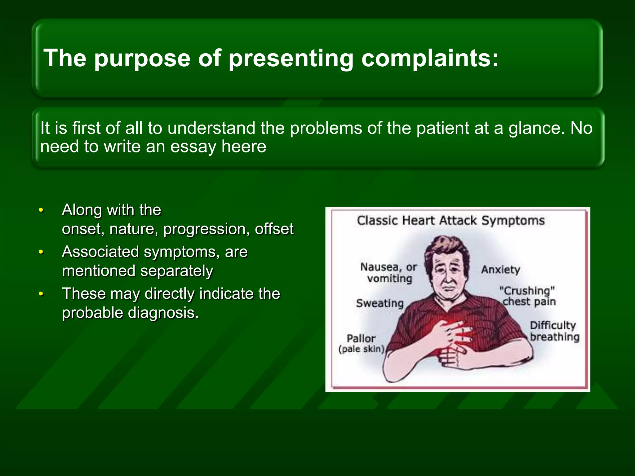Along with the onset, nature, progression, offsetAssociated symptoms, are mentioned separatelyThese may directly indicate the probable diagnosis.