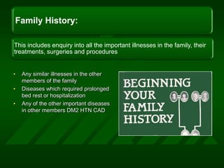 Any similar illnesses in the other members of the familyDiseases which required prolonged bed rest or hospitalizationAny of the other important diseases in other members DM2 HTN CAD