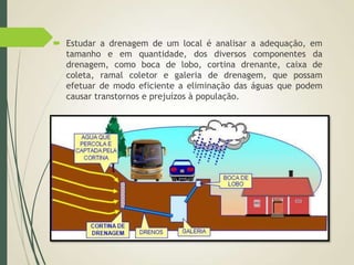  Estudar a drenagem de um local é analisar a adequação, em
tamanho e em quantidade, dos diversos componentes da
drenagem, como boca de lobo, cortina drenante, caixa de
coleta, ramal coletor e galeria de drenagem, que possam
efetuar de modo eficiente a eliminação das águas que podem
causar transtornos e prejuízos à população.
 
