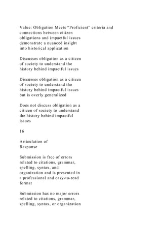 Value: Obligation Meets “Proficient” criteria and
connections between citizen
obligations and impactful issues
demonstrate a nuanced insight
into historical application
Discusses obligation as a citizen
of society to understand the
history behind impactful issues
Discusses obligation as a citizen
of society to understand the
history behind impactful issues
but is overly generalized
Does not discuss obligation as a
citizen of society to understand
the history behind impactful
issues
16
Articulation of
Response
Submission is free of errors
related to citations, grammar,
spelling, syntax, and
organization and is presented in
a professional and easy-to-read
format
Submission has no major errors
related to citations, grammar,
spelling, syntax, or organization
 