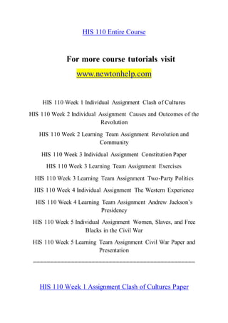 HIS 110 Entire Course
For more course tutorials visit
www.newtonhelp.com
HIS 110 Week 1 Individual Assignment Clash of Cultures
HIS 110 Week 2 Individual Assignment Causes and Outcomes of the
Revolution
HIS 110 Week 2 Learning Team Assignment Revolution and
Community
HIS 110 Week 3 Individual Assignment Constitution Paper
HIS 110 Week 3 Learning Team Assignment Exercises
HIS 110 Week 3 Learning Team Assignment Two-Party Politics
HIS 110 Week 4 Individual Assignment The Western Experience
HIS 110 Week 4 Learning Team Assignment Andrew Jackson’s
Presidency
HIS 110 Week 5 Individual Assignment Women, Slaves, and Free
Blacks in the Civil War
HIS 110 Week 5 Learning Team Assignment Civil War Paper and
Presentation
===============================================
HIS 110 Week 1 Assignment Clash of Cultures Paper
 