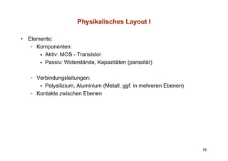 Physikalisches Layout I

•   Elemente:
     ◦ Komponenten:
          Aktiv: MOS - Transistor
          Passiv: Widerstände Kapazitäten (parasitär)
                  Widerstände,

    ◦ Verbindungsleitungen:
                g       g
         Polysilizium, Aluminium (Metall, ggf. in mehreren Ebenen)
    ◦ Kontakte zwischen Ebenen




                                                                     16
 