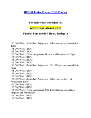 HIS 301 Entire Course (UOP Course)
For more course tutorials visit
www.tutorialrank.com
Tutorial Purchased: 6 Times, Rating: A
HIS 301 Week 1 Individual Assignment Influences on the Constitution
Table
HIS 301 Week 1 DQ 1
HIS 301 Week 1 DQ 2
HIS 301 Week 2 Team Assignment Branches of Government Paper
HIS 301 Week 2 DQ 1
HIS 301 Week 2 DQ 2
HIS 301 Week 2 DQ 3
HIS 301 Week 3 Individual Assignment Bill of Rights and Amendments
Paper
HIS 301 Week 3 DQ 1
HIS 301 Week 3 DQ 2
HIS 301 Week 3 DQ 3
HIS 301 Week 4 Individual Assignment Reflections on the First
Amendment Paper
HIS 301 Week 4 DQ 1
HIS 301 Week 4 DQ 2
HIS 301 Week 5 Team Assignment U.S. Constitutional Amendment
Proposal and Presentation
HIS 301 Week 5 DQ 1
HIS 301 Week 5 DQ 2
 