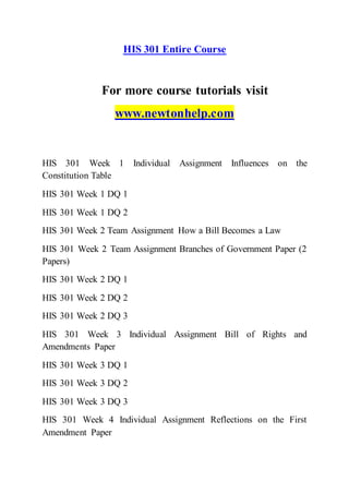 HIS 301 Entire Course
For more course tutorials visit
www.newtonhelp.com
HIS 301 Week 1 Individual Assignment Influences on the
Constitution Table
HIS 301 Week 1 DQ 1
HIS 301 Week 1 DQ 2
HIS 301 Week 2 Team Assignment How a Bill Becomes a Law
HIS 301 Week 2 Team Assignment Branches of Government Paper (2
Papers)
HIS 301 Week 2 DQ 1
HIS 301 Week 2 DQ 2
HIS 301 Week 2 DQ 3
HIS 301 Week 3 Individual Assignment Bill of Rights and
Amendments Paper
HIS 301 Week 3 DQ 1
HIS 301 Week 3 DQ 2
HIS 301 Week 3 DQ 3
HIS 301 Week 4 Individual Assignment Reflections on the First
Amendment Paper
 