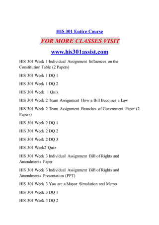 HIS 301 Entire Course
FOR MORE CLASSES VISIT
www.his301assist.com
HIS 301 Week 1 Individual Assignment Influences on the
Constitution Table (2 Papers)
HIS 301 Week 1 DQ 1
HIS 301 Week 1 DQ 2
HIS 301 Week 1 Quiz
HIS 301 Week 2 Team Assignment How a Bill Becomes a Law
HIS 301 Week 2 Team Assignment Branches of Government Paper (2
Papers)
HIS 301 Week 2 DQ 1
HIS 301 Week 2 DQ 2
HIS 301 Week 2 DQ 3
HIS 301 Week2 Quiz
HIS 301 Week 3 Individual Assignment Bill of Rights and
Amendments Paper
HIS 301 Week 3 Individual Assignment Bill of Rights and
Amendments Presentation (PPT)
HIS 301 Week 3 You are a Mayor Simulation and Memo
HIS 301 Week 3 DQ 1
HIS 301 Week 3 DQ 2
 