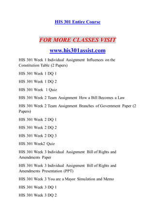HIS 301 Entire Course
FOR MORE CLASSES VISIT
www.his301assist.com
HIS 301 Week 1 Individual Assignment Influences on the
Constitution Table (2 Papers)
HIS 301 Week 1 DQ 1
HIS 301 Week 1 DQ 2
HIS 301 Week 1 Quiz
HIS 301 Week 2 Team Assignment How a Bill Becomes a Law
HIS 301 Week 2 Team Assignment Branches of Government Paper (2
Papers)
HIS 301 Week 2 DQ 1
HIS 301 Week 2 DQ 2
HIS 301 Week 2 DQ 3
HIS 301 Week2 Quiz
HIS 301 Week 3 Individual Assignment Bill of Rights and
Amendments Paper
HIS 301 Week 3 Individual Assignment Bill of Rights and
Amendments Presentation (PPT)
HIS 301 Week 3 You are a Mayor Simulation and Memo
HIS 301 Week 3 DQ 1
HIS 301 Week 3 DQ 2
 