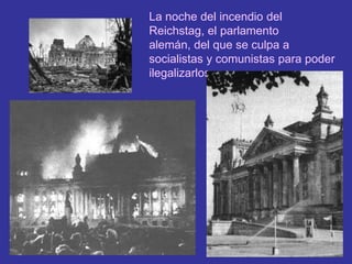 La noche del incendio del Reichstag, el parlamento alemán, del que se culpa a socialistas y comunistas para poder ilegalizarlos.