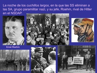 La noche de los cuchillos largos, en la que las SS eliminan a las SA, grupo paramilitar nazi, y su jefe, Roehm, rival de Hitler en el NSDAP.Ernst Roehm