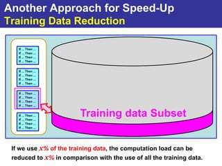 Another Approach for Speed-Up
Training Data Reduction

   If ... Then ...
   If ... Then ...
   If ... Then ...
   If ... Then ...


   If ... Then ...
   If ... Then ...
   If ... Then ...
   If ... Then ...


   If ... Then ...
   If ... Then ...
   If ... Then ...
   If ... Then ...
                             Training data
   If ... Then ...
   If ... Then ...
                        Training data Subset
   If ... Then ...
   If ... Then ...




 If we use x% of the training data, the computation load can be
 reduced to x% in comparison with the use of all the training data.
 