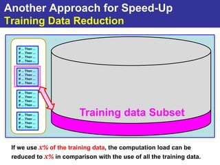 Another Approach for Speed-Up
Training Data Reduction

   If ... Then ...
   If ... Then ...
   If ... Then ...
   If ... Then ...


   If ... Then ...
   If ... Then ...
   If ... Then ...
   If ... Then ...


   If ... Then ...
   If ... Then ...
   If ... Then ...
   If ... Then ...
                             Training data
   If ... Then ...
   If ... Then ...
                        Training data Subset
   If ... Then ...
   If ... Then ...




 If we use x% of the training data, the computation load can be
 reduced to x% in comparison with the use of all the training data.
 