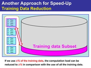 Another Approach for Speed-Up
Training Data Reduction

   If ... Then ...
   If ... Then ...
   If ... Then ...
   If ... Then ...


   If ... Then ...
   If ... Then ...
   If ... Then ...
   If ... Then ...


   If ... Then ...
   If ... Then ...
   If ... Then ...
   If ... Then ...
                             Training data
   If ... Then ...
   If ... Then ...
                        Training data Subset
   If ... Then ...
   If ... Then ...




 If we use x% of the training data, the computation load can be
 reduced to x% in comparison with the use of all the training data.
 