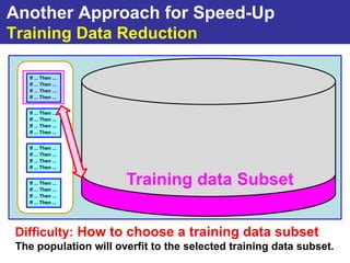 Another Approach for Speed-Up
Training Data Reduction

   If ... Then ...
   If ... Then ...
   If ... Then ...
   If ... Then ...


   If ... Then ...
   If ... Then ...
   If ... Then ...
   If ... Then ...


   If ... Then ...
   If ... Then ...
   If ... Then ...
   If ... Then ...
                           Training data
   If ... Then ...
   If ... Then ...
                       Training data Subset
   If ... Then ...
   If ... Then ...




 Difficulty: How to choose a training data subset
 The population will overfit to the selected training data subset.
 