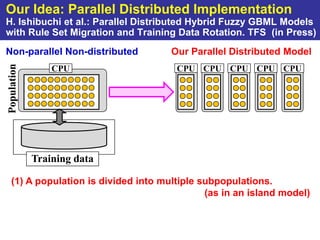 Our Idea: Parallel Distributed Implementation
H. Ishibuchi et al.: Parallel Distributed Hybrid Fuzzy GBML Models
with Rule Set Migration and Training Data Rotation. TFS (in Press)
Non-parallel Non-distributed          Our Parallel Distributed Model
Population


                 CPU                   CPU CPU CPU CPU CPU




             Training data

   (1) A population is divided into multiple subpopulations.
                                              (as in an island model)
 