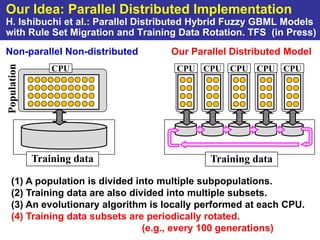 Our Idea: Parallel Distributed Implementation
H. Ishibuchi et al.: Parallel Distributed Hybrid Fuzzy GBML Models
with Rule Set Migration and Training Data Rotation. TFS (in Press)
Non-parallel Non-distributed         Our Parallel Distributed Model
Population


                 CPU                  CPU CPU CPU CPU CPU




             Training data                   Training data

   (1) A population is divided into multiple subpopulations.
   (2) Training data are also divided into multiple subsets.
   (3) An evolutionary algorithm is locally performed at each CPU.
   (4) Training data subsets are periodically rotated.
                                 (e.g., every 100 generations)
 