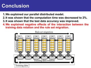Conclusion
1. We explained our parallel distributed model.
2. It was shown that the computation time was decreased to 2%.
Introduction
3. It was shown that the test data accuracy was improved.
4. We explained negative effects of the interaction between the
   training data rotation and the rule set migration.
 