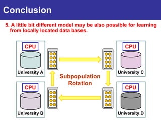 Conclusion
5. A little bit different model may be also possible for learning
  from locally located data bases.
Introduction
        CPU                                        CPU



     University A                               University C
                       Subpopulation
                         Rotation
        CPU                                        CPU



     University B                               University D
 
