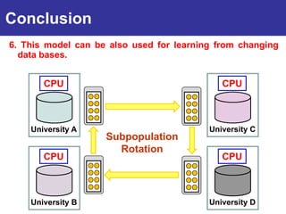 Conclusion
6. This model can be also used for learning from changing
  data bases.
Introduction
       CPU                                   CPU



    University A                          University C
                    Subpopulation
                      Rotation
       CPU                                   CPU



    University B                          University D
 