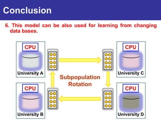 Conclusion
6. This model can be also used for learning from changing
  data bases.
Introduction
       CPU                                   CPU



    University A                          University C
                    Subpopulation
                      Rotation
       CPU                                   CPU



    University B                          University D
 