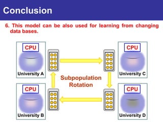 Conclusion
6. This model can be also used for learning from changing
  data bases.
Introduction
       CPU                                   CPU



    University A                          University C
                    Subpopulation
                      Rotation
       CPU                                   CPU



    University B                          University D
 